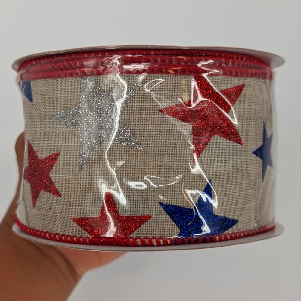 Linen Glitter Red Blue Silver Star Wired Party Decorations Ribbon 2.5" 4th July